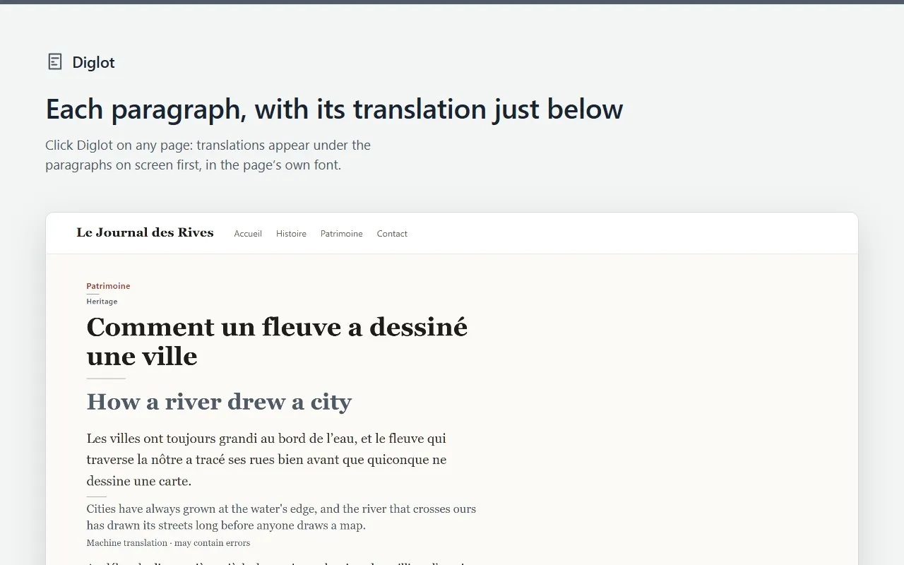 A French article read with Diglot: the English translation sits under the title and under each paragraph, labeled as machine translation.