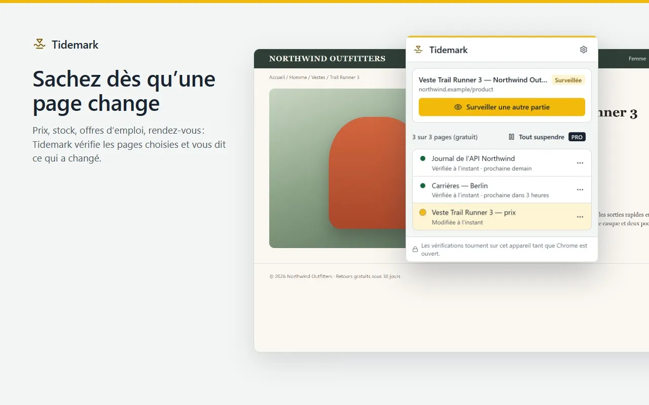 La fenêtre de Tidemark sur une page produit : la page est surveillée, avec « Surveiller une autre partie » et trois pages suivies, dont une vient de changer.