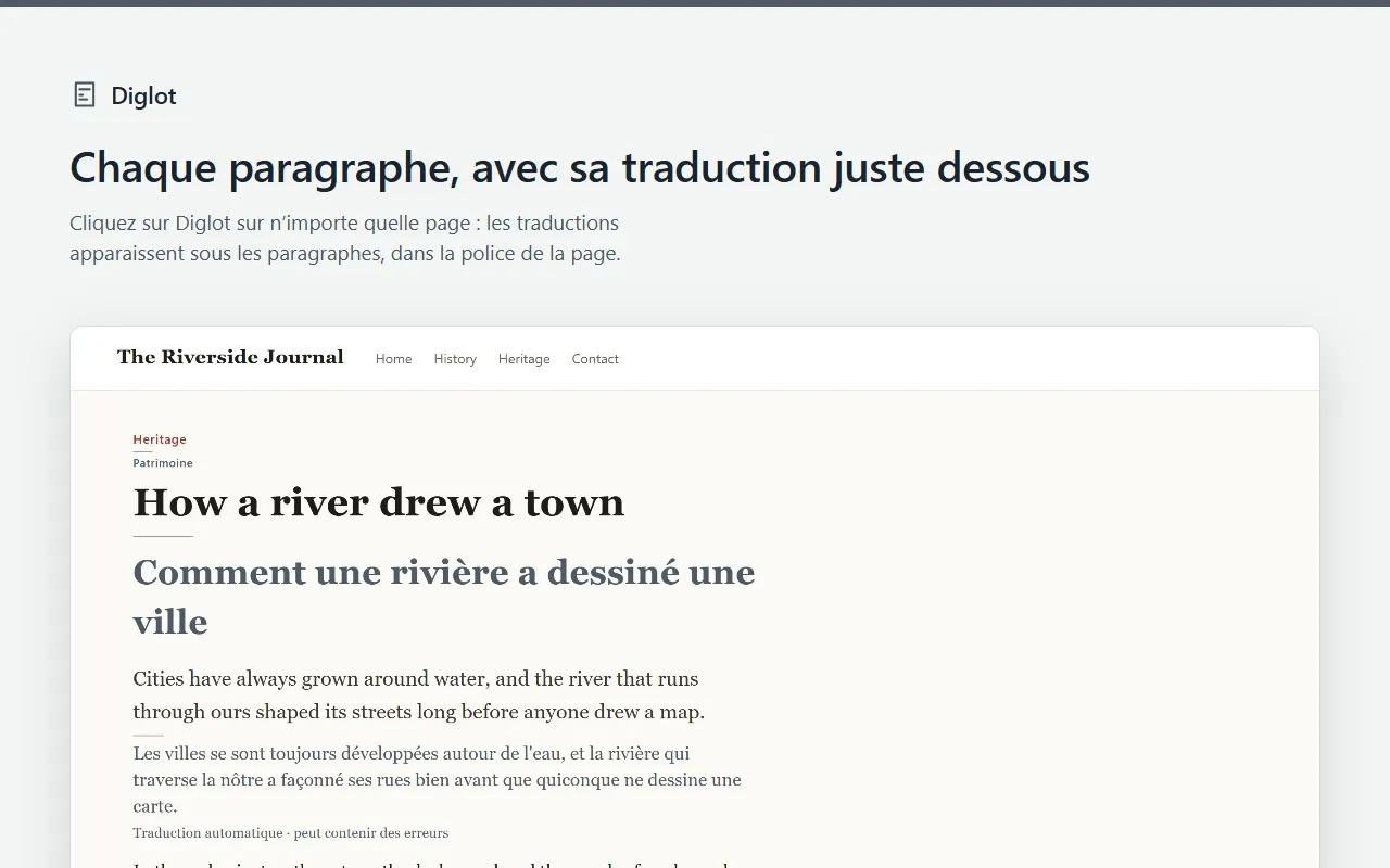 Un article en anglais lu avec Diglot : la traduction française se place sous le titre et sous chaque paragraphe, signalée comme traduction automatique.