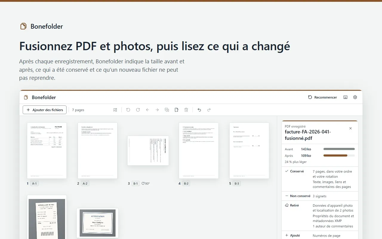 Bonefolder après la fusion de PDF et de photos : la grille des pages, et le rapport avec la taille avant et après et ce qui a changé.
