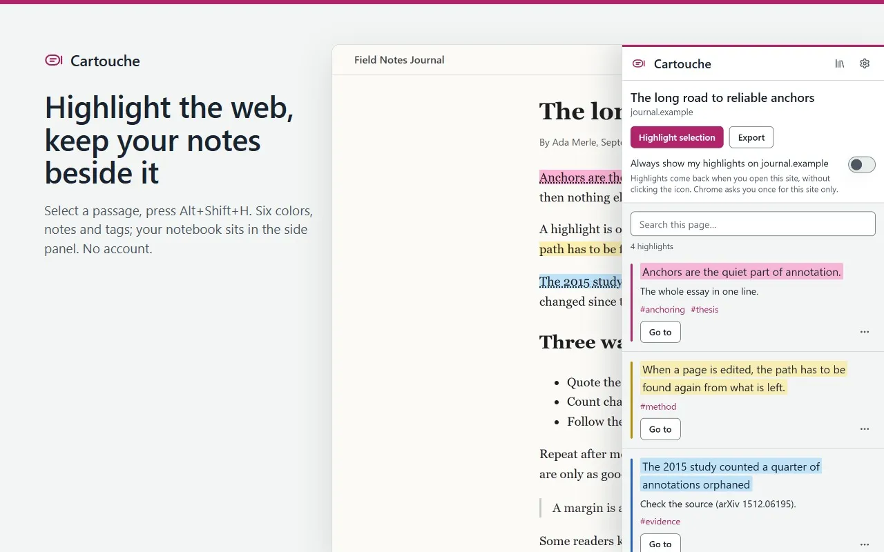 The Cartouche side panel next to an article: highlighted passages in different colors, each with its note, tags and a Go to button.