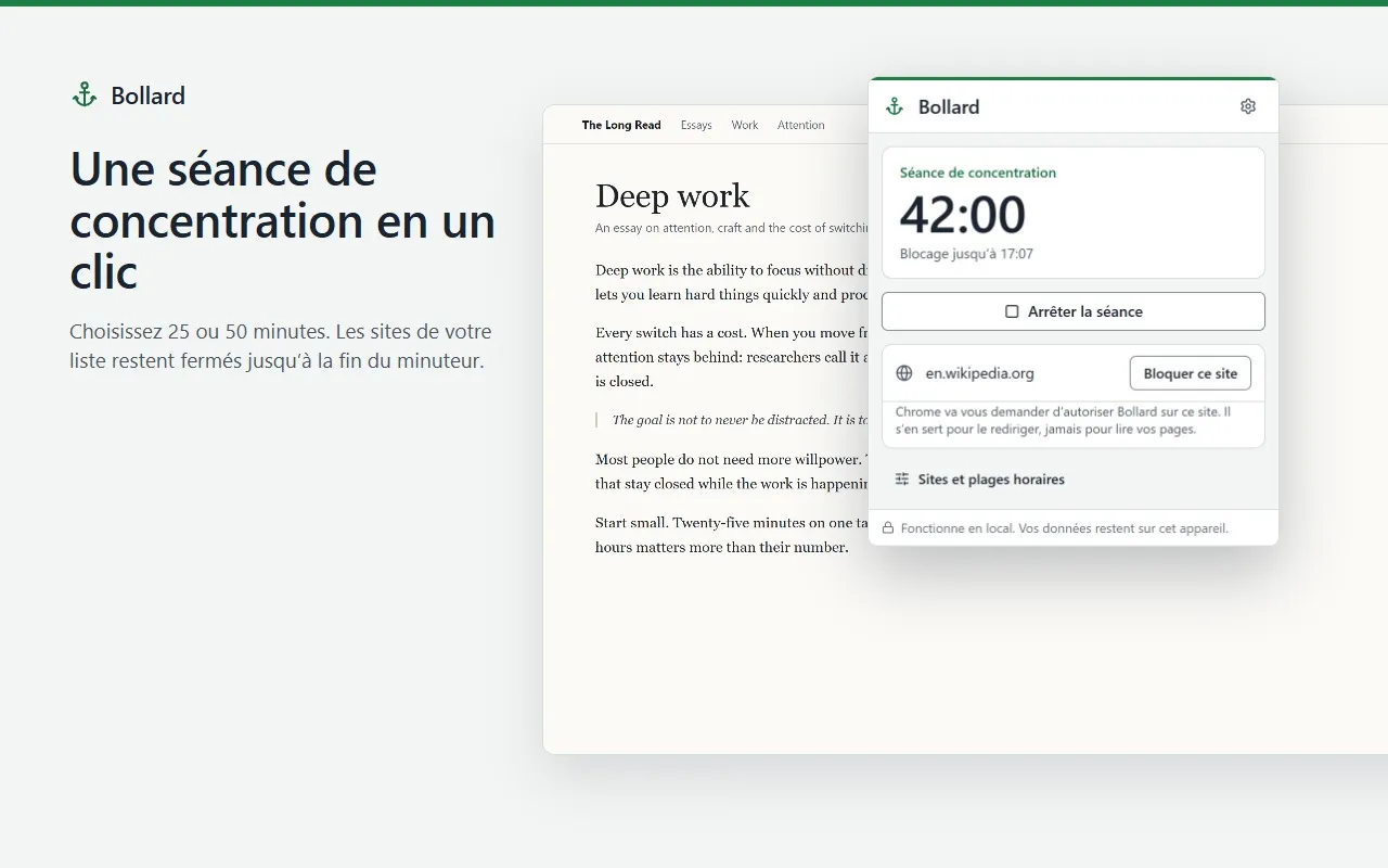 La fenêtre de Bollard pendant une séance : 42 minutes restantes, un bouton pour terminer la séance et « Bloquer ce site » pour la page active.