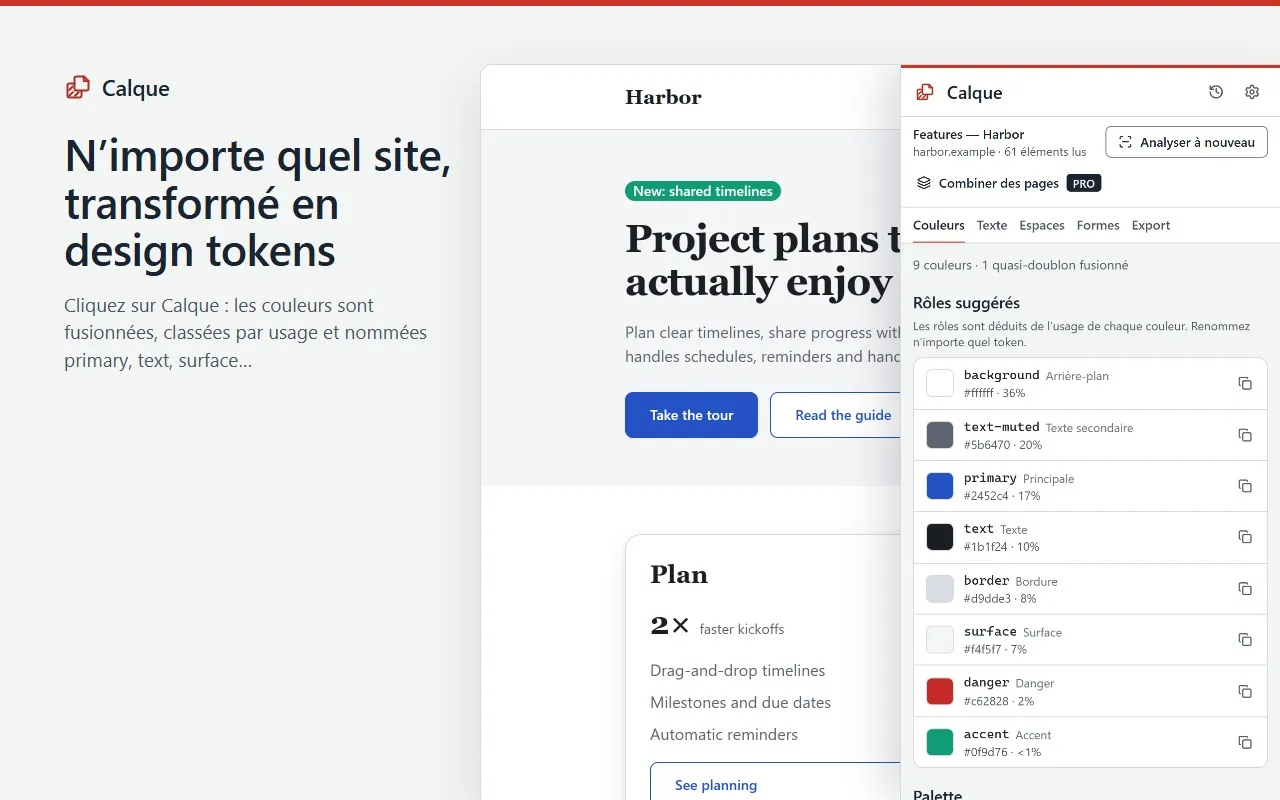 Le panneau latéral de Calque à côté d’un site : ses couleurs fusionnées et nommées par rôle, avec leurs valeurs.