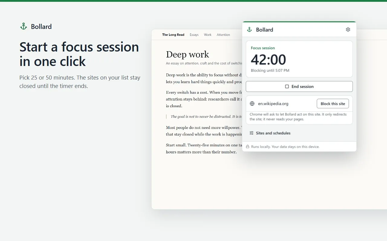 The Bollard popup during a focus session: 42 minutes left, an End session button and “Block this site” for the current page.