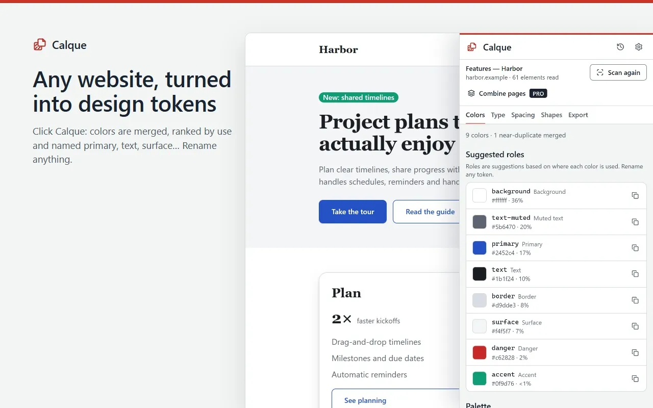 The Calque side panel next to a website, listing its colors merged and named by role, with their values.