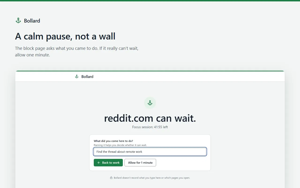The Bollard block page for reddit.com asks what you came to do, with “Back to work” and “Allow for 1 minute”.