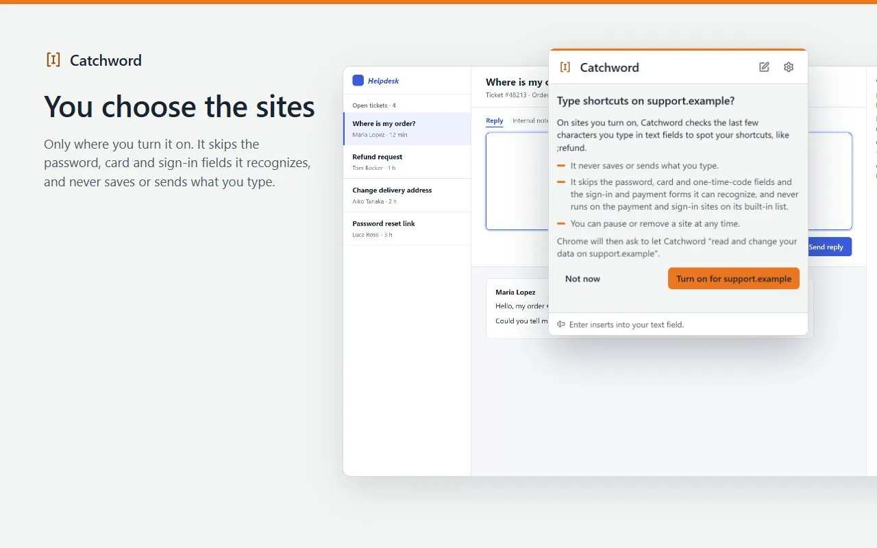Catchword asks before typed shortcuts start on support.example: what it checks, what it skips, and that Chrome will then ask for that site.