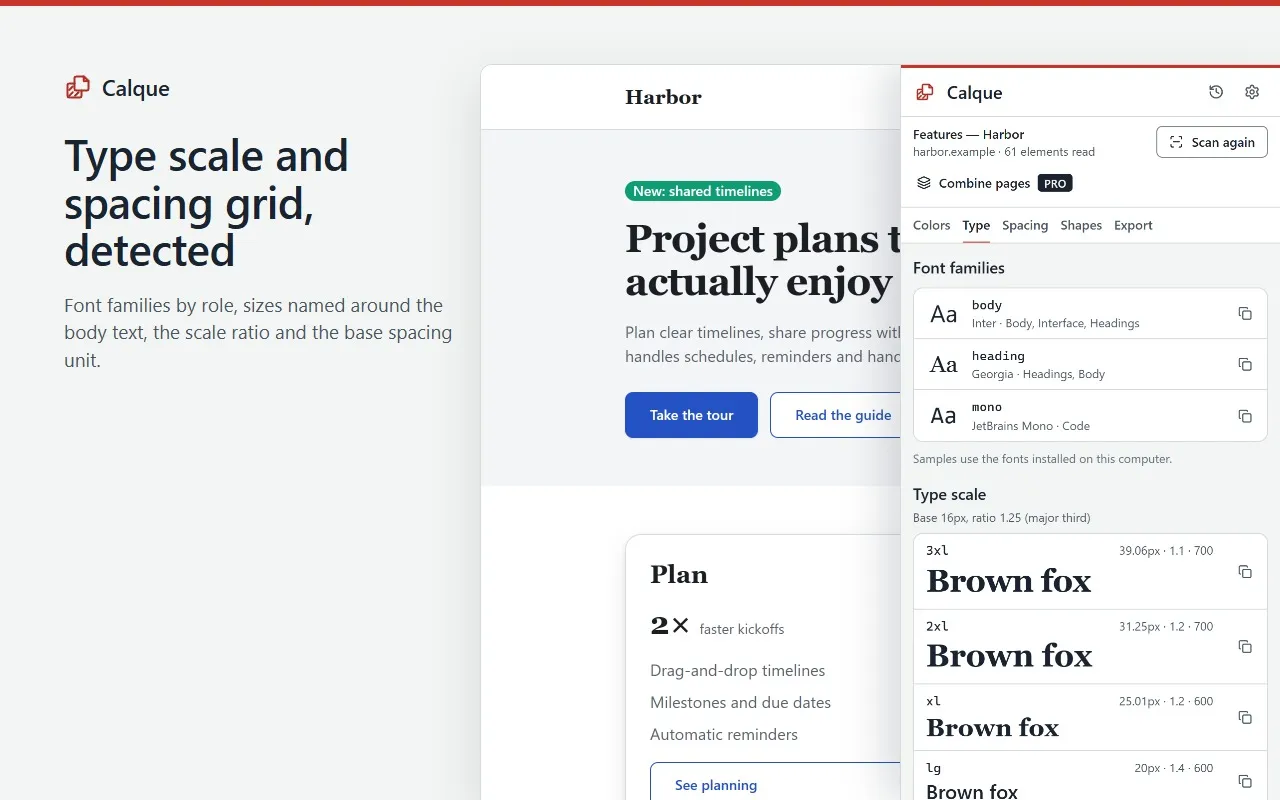 Calque’s type scale and spacing grid detected on the same page.