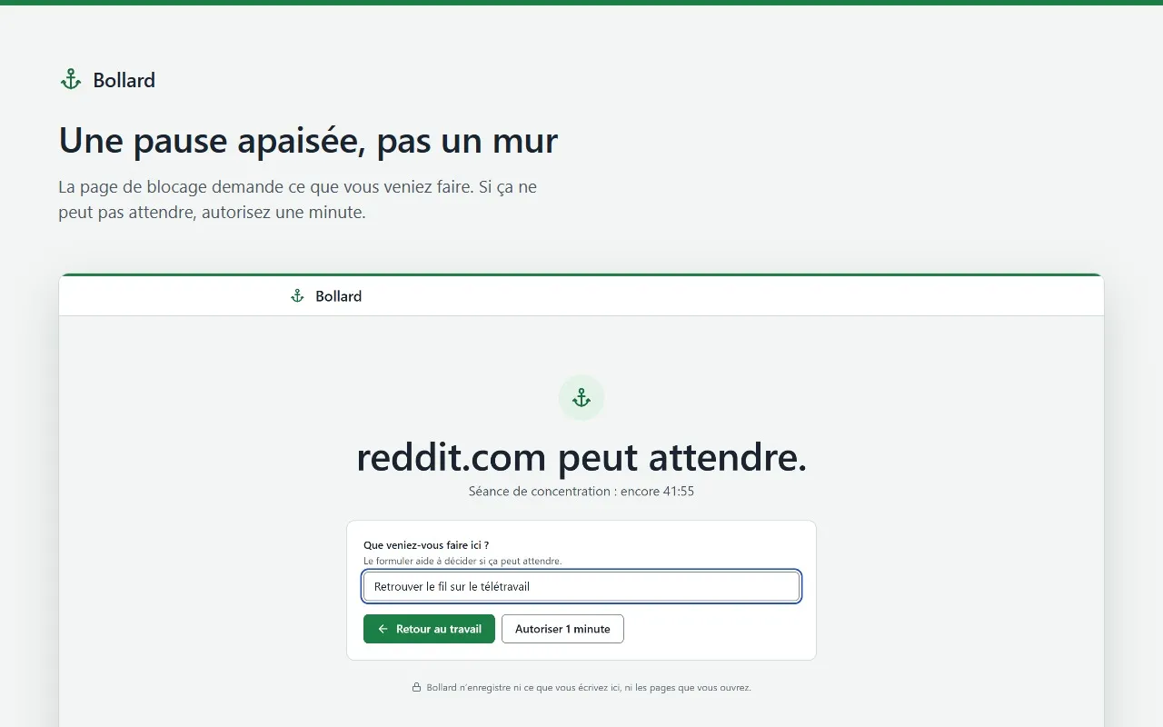 La page de blocage de Bollard pour reddit.com demande ce que vous veniez faire, avec « Retour au travail » et « Autoriser 1 minute ».