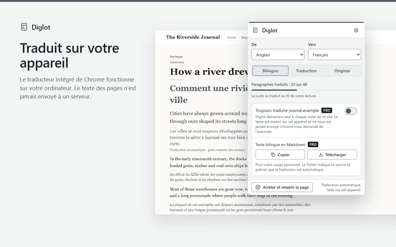 La fenêtre de Diglot sur l’article : de l’anglais vers le français, vue Bilingue, 20 paragraphes traduits sur 48, et « Traduction automatique, faite sur cet appareil ».