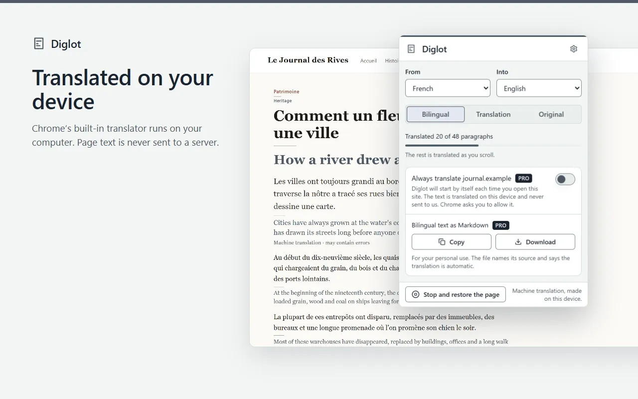 The Diglot popup over the article: French into English, Bilingual view, 20 of 48 paragraphs translated, and “Machine translation, made on this device.”