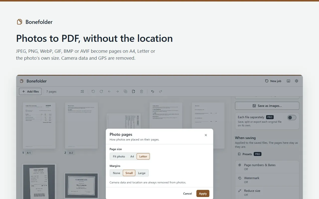 Photos turned into PDF pages in Bonefolder, without their camera data or location.