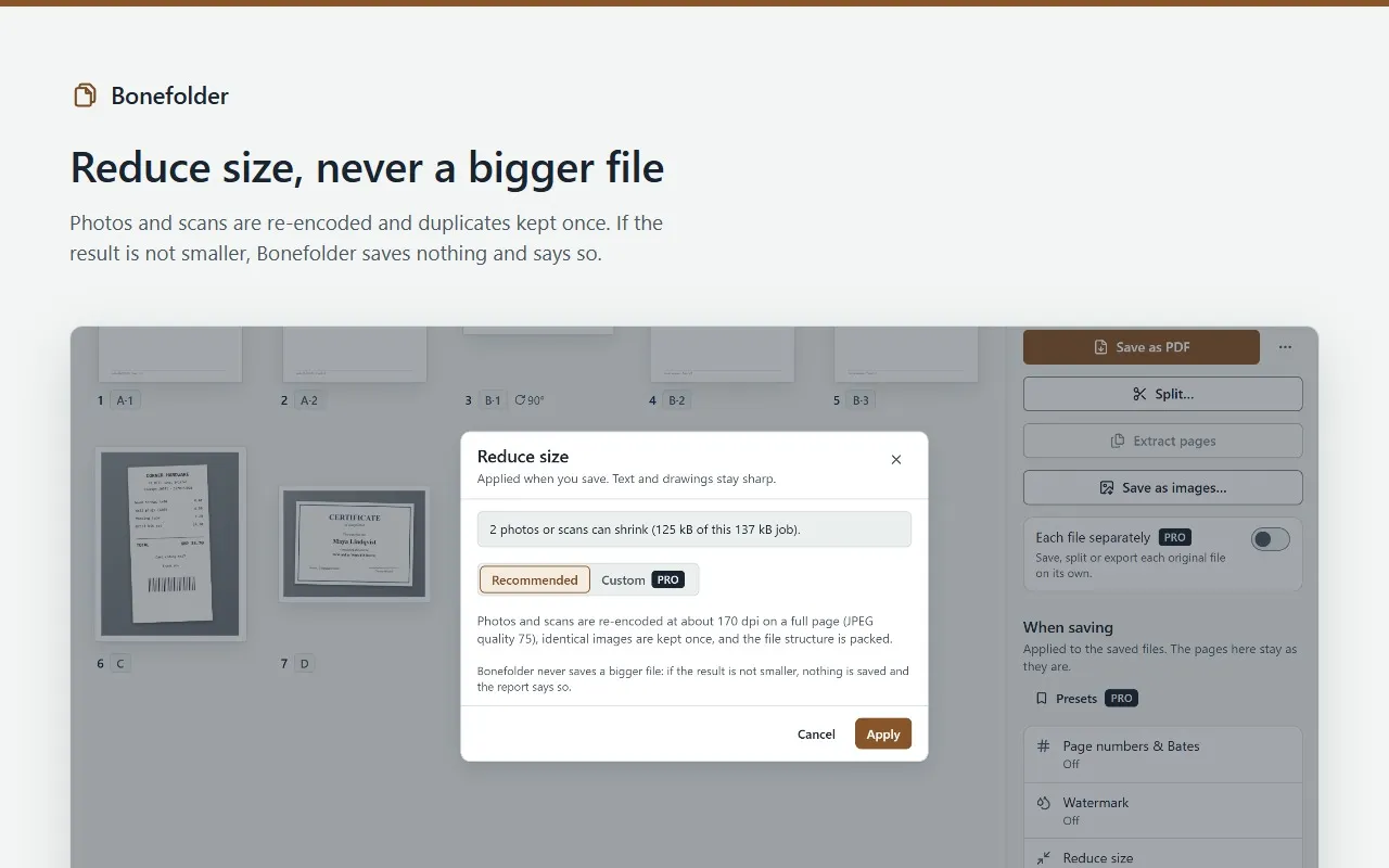 Reduce size in Bonefolder: photos and scans re-encoded, with the size before and after; never a bigger file.