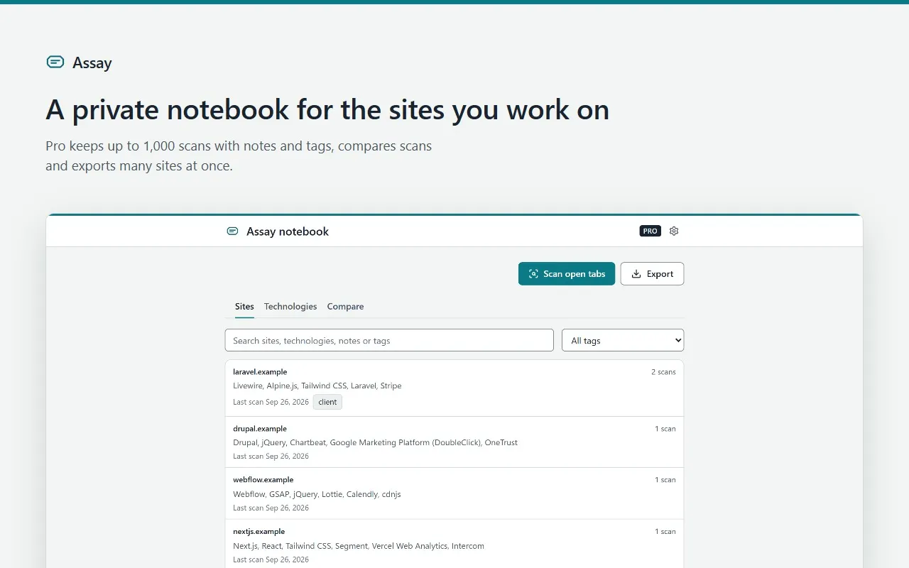 The Assay Pro notebook: scanned sites with their technologies, tags and number of scans, with Scan open tabs and Export.