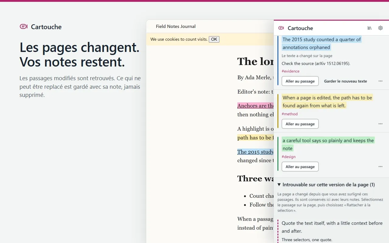 Après une modification de l’article, Cartouche signale un passage dont le texte a changé et garde celui qu’il n’a pas retrouvé dans « Introuvable sur cette version de la page », avec sa note.