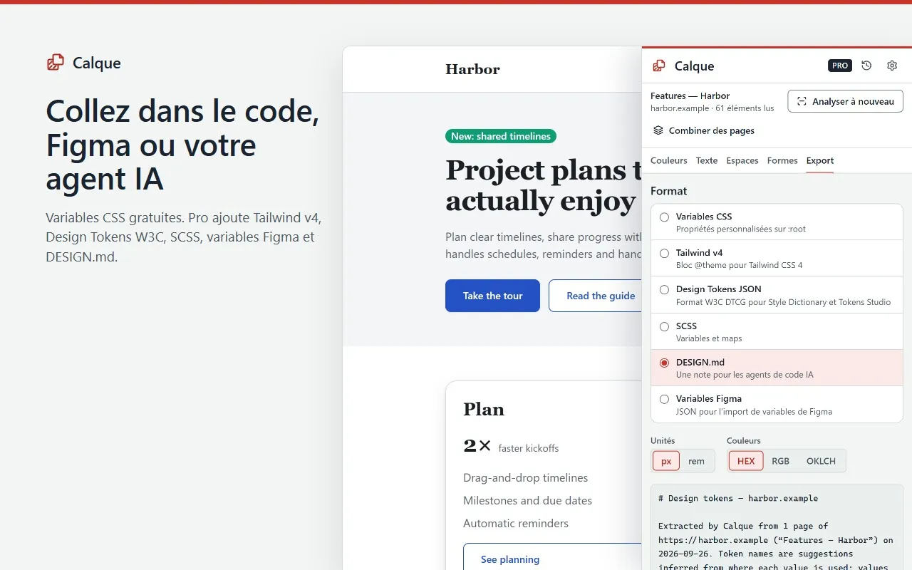 L’onglet Export de Calque Pro avec DESIGN.md choisi, parmi variables CSS, Tailwind v4, JSON Design Tokens, SCSS et variables Figma.