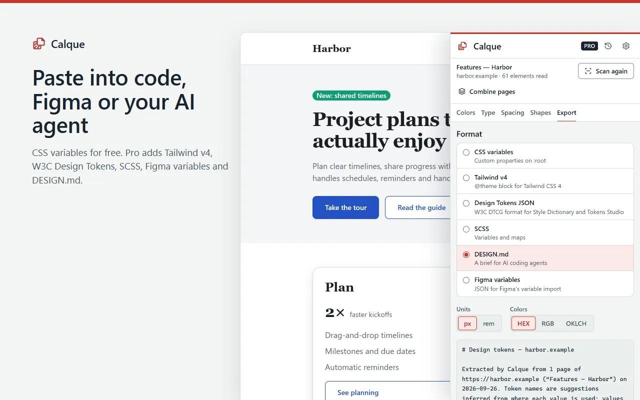 Calque Pro’s Export tab with DESIGN.md selected, among CSS variables, Tailwind v4, Design Tokens JSON, SCSS and Figma variables.