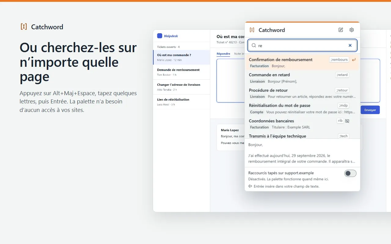 La palette de Catchword sur la même page : quelques lettres listent les modèles correspondants avec leurs raccourcis, et l’aperçu du modèle choisi.