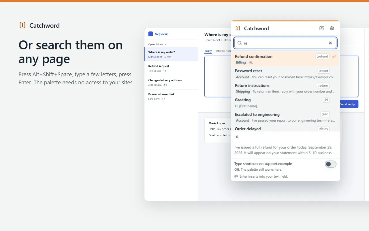 The Catchword palette on the same page: typing “re” lists matching snippets with their shortcuts, and a preview of the selected one.