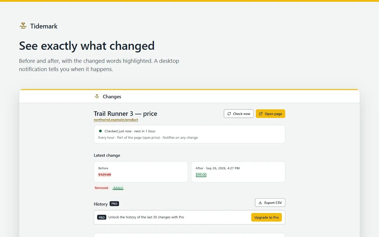 A Tidemark change: the price before and after, removed text struck through in red, added text underlined in green.