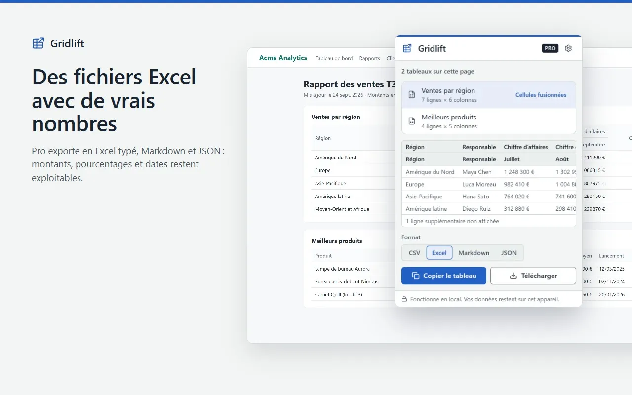 Gridlift Pro avec le format Excel choisi, pour des fichiers où montants, pourcentages et dates restent exploitables.