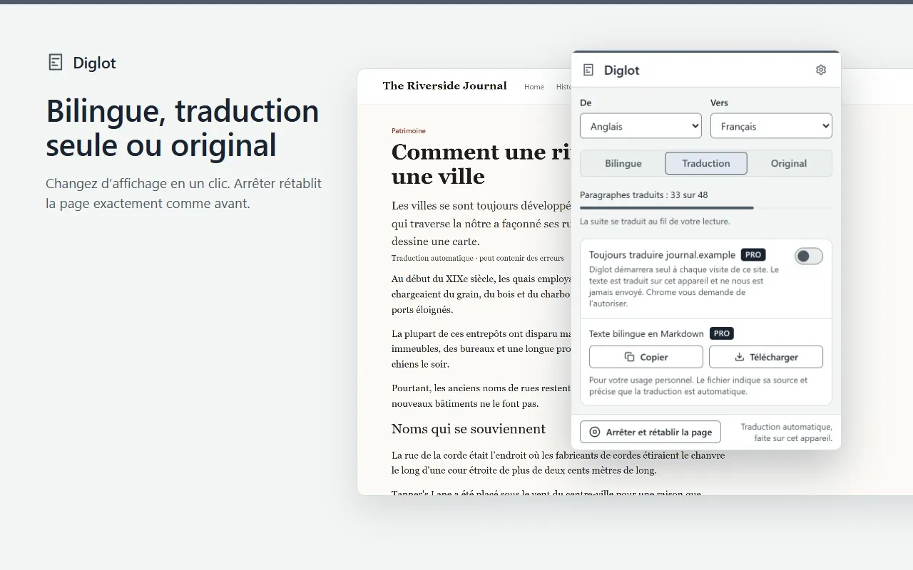 La vue Traduction de Diglot : l’article n’affiche plus que la traduction française, fenêtre ouverte.
