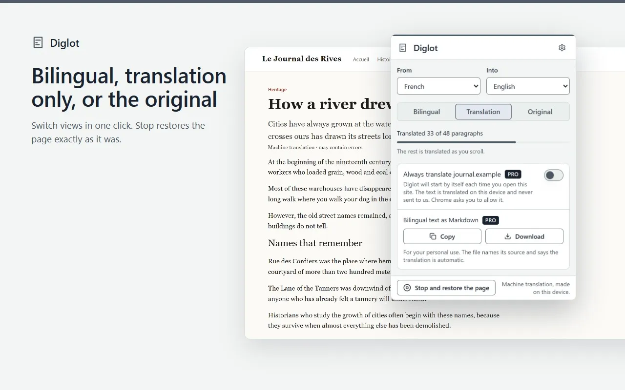 Diglot’s Translation view: the article shows only the English translation, with the popup open.