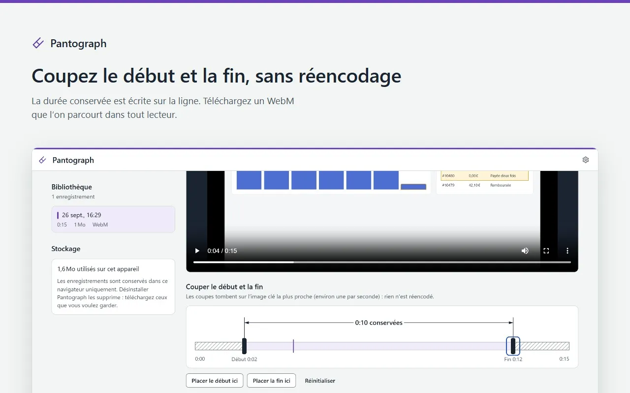 L’éditeur de Pantograph coupe un enregistrement : début à 0:02, fin à 0:12, 0:10 conservées, sans réencodage.