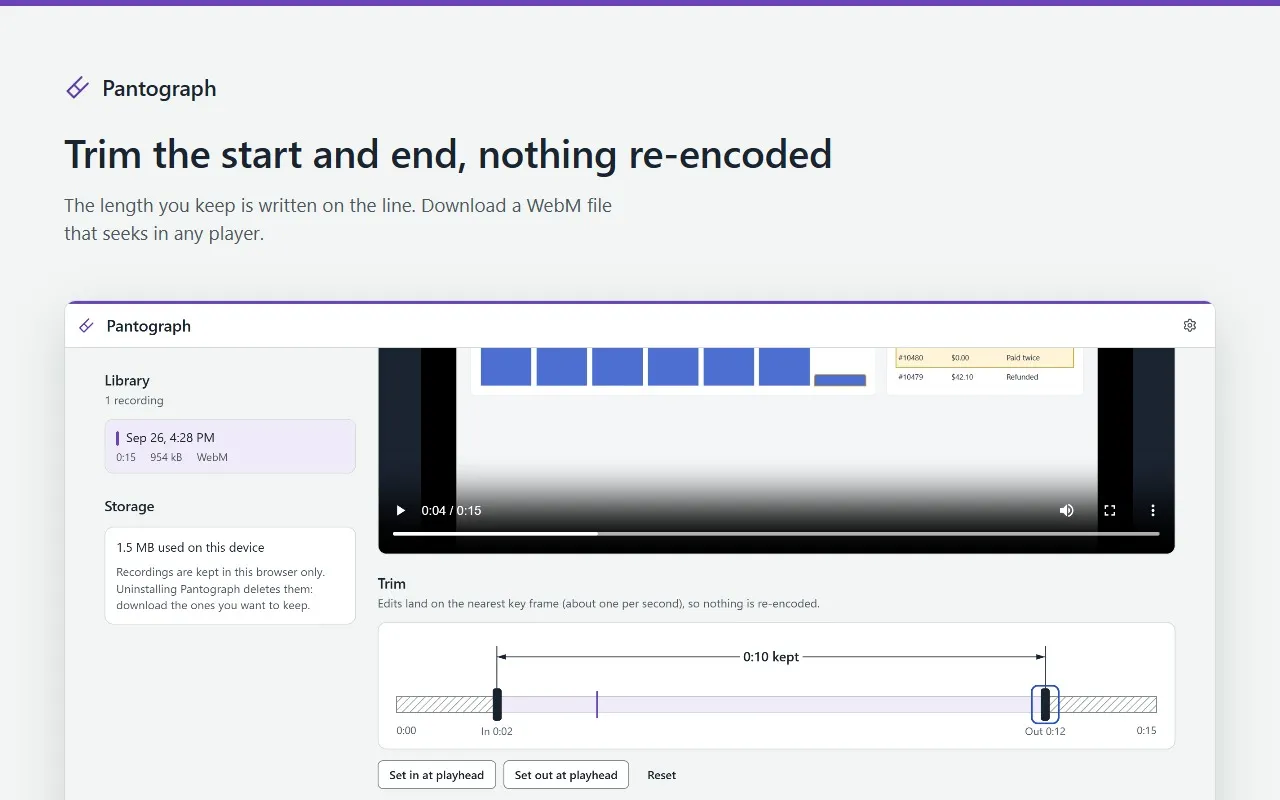 The Pantograph editor trimming a recording: in at 0:02, out at 0:12, 0:10 kept, nothing re-encoded.