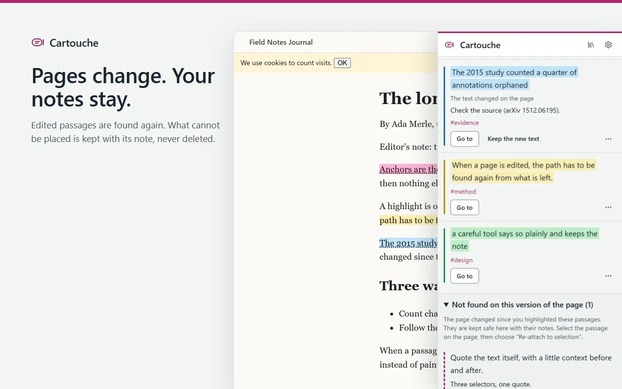 After the article changed, Cartouche marks a passage whose text changed, and keeps one it could not find under “Not found on this version of the page”, with its note.