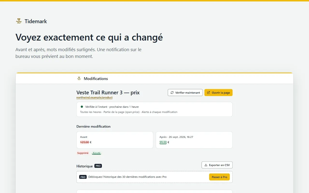 Un changement dans Tidemark : le prix avant et après, le texte supprimé barré en rouge, le texte ajouté souligné en vert.