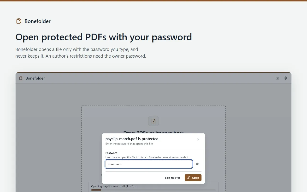 Bonefolder asking for the password of a protected PDF, which it never keeps.