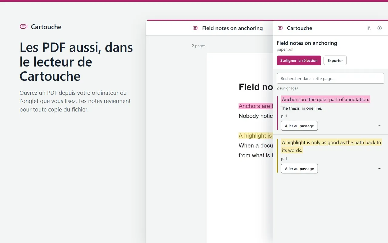 Un PDF ouvert dans le lecteur de Cartouche, avec deux surlignages et leurs numéros de page dans le panneau latéral.