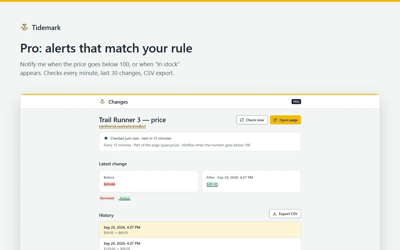 Tidemark Pro: a price watched every 15 minutes that notifies only below 100, with its change history and CSV export.