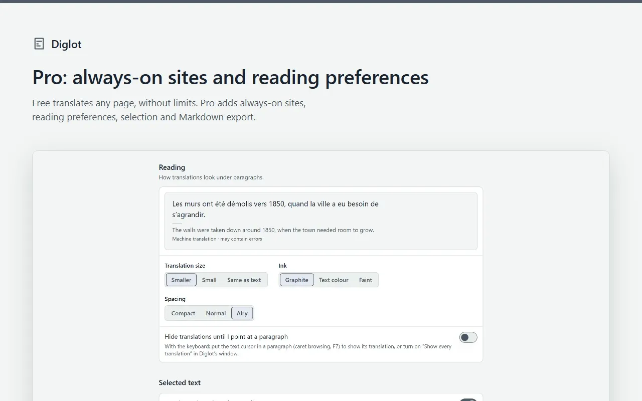 Diglot Pro reading preferences: translation size, ink, spacing, and hiding translations until you point at a paragraph.