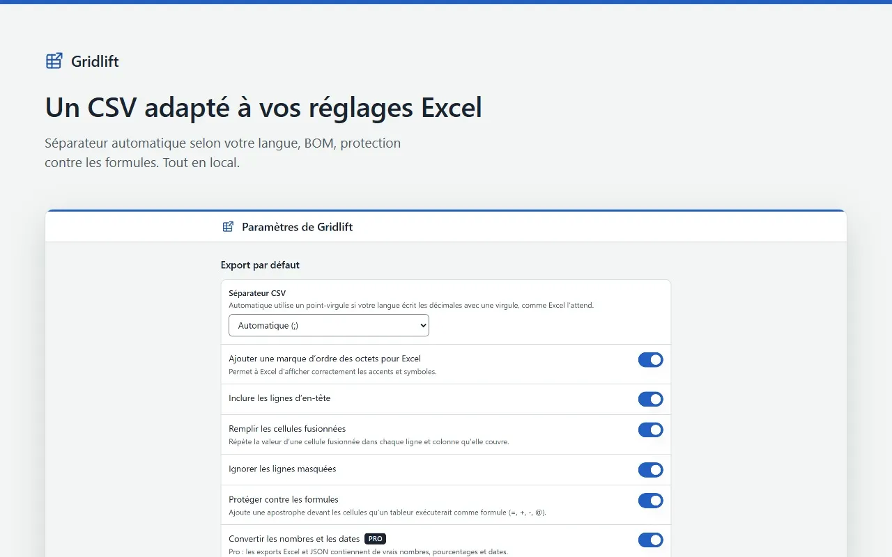 Réglages de Gridlift : séparateur CSV automatique, marque d’ordre des octets pour Excel, lignes d’en-tête, cellules fusionnées et protection contre les formules.