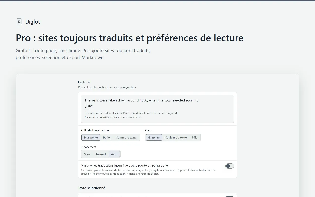 Les préférences de lecture de Diglot Pro : taille de la traduction, encre, espacement, et traductions masquées jusqu’à ce que vous pointiez un paragraphe.