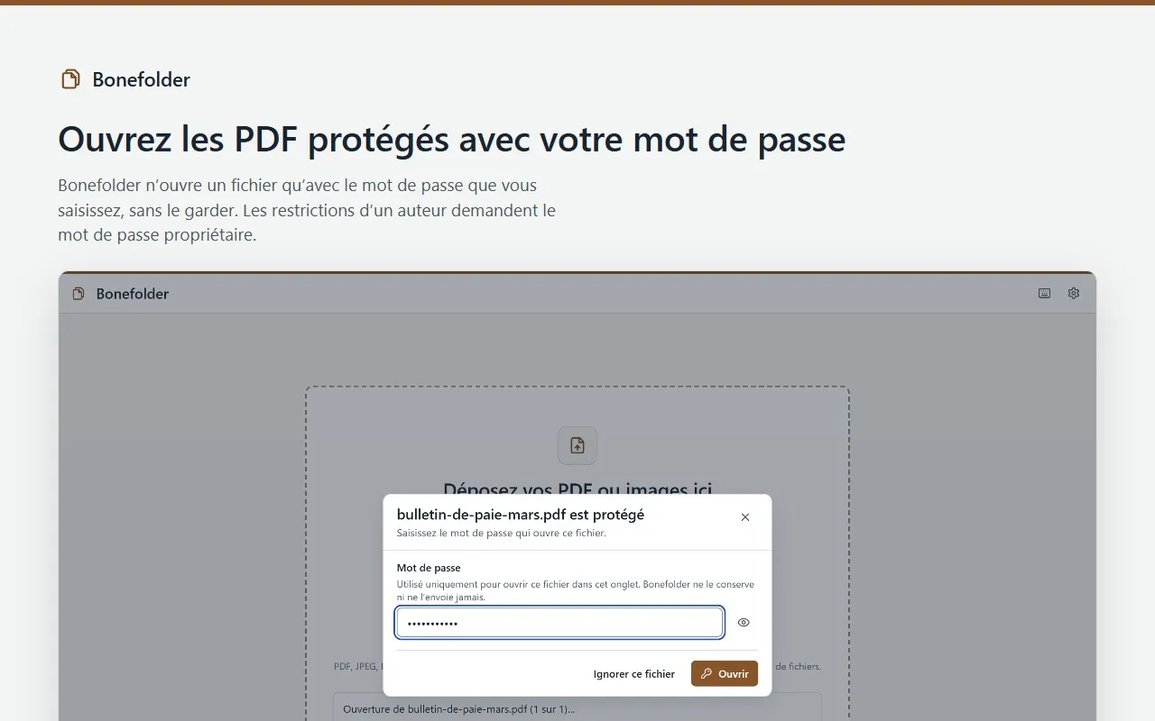 Bonefolder demande le mot de passe d’un PDF protégé, sans jamais le garder.
