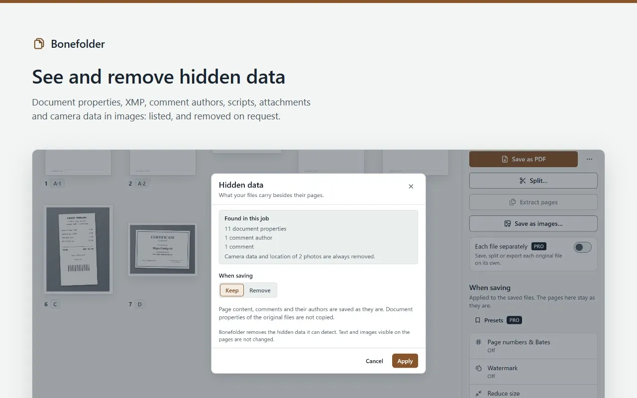 Bonefolder’s hidden-data view: document properties, comment authors and camera data, ready to remove.