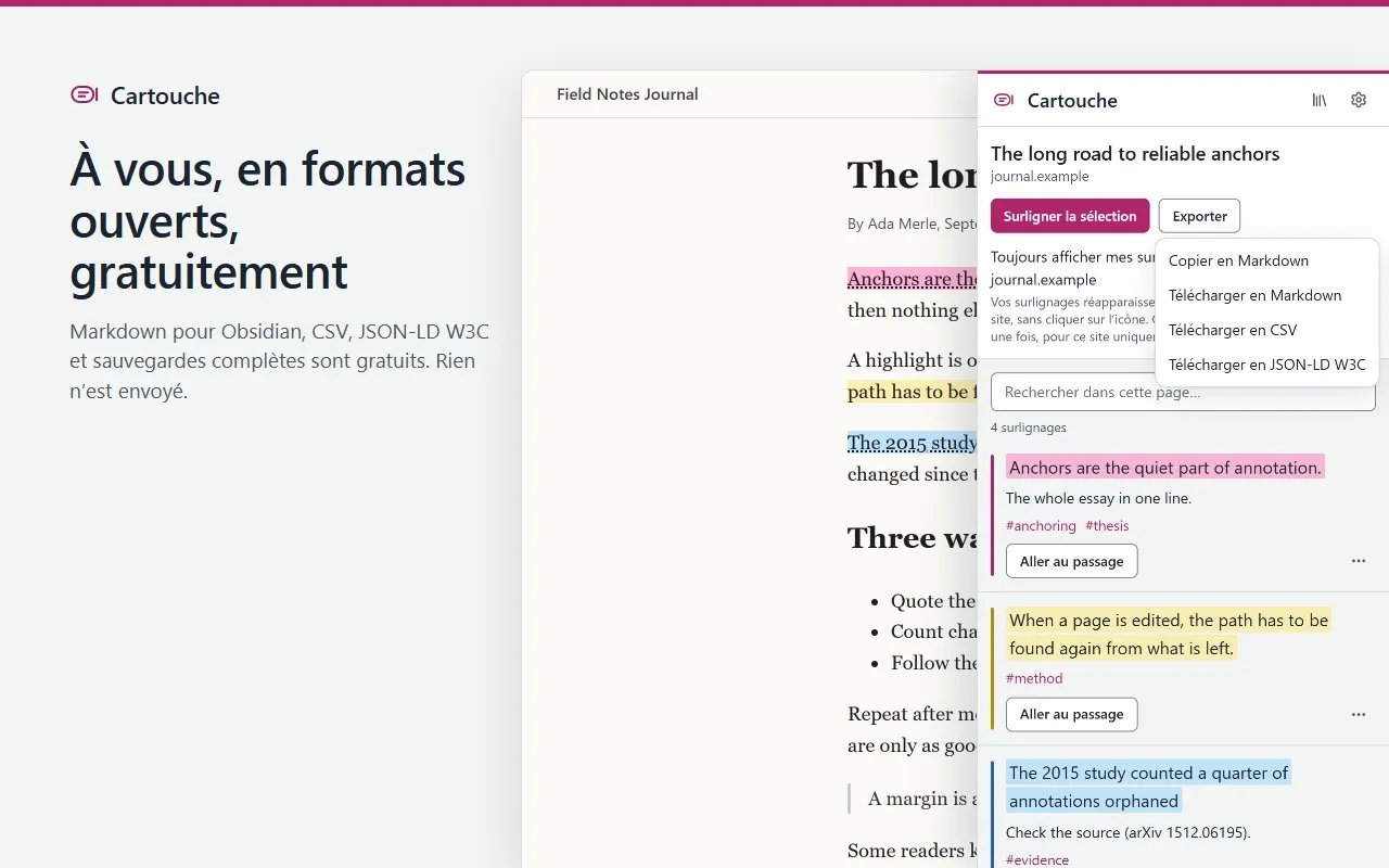 Le menu Export de Cartouche : copier en Markdown, ou télécharger en Markdown, CSV ou JSON-LD W3C.